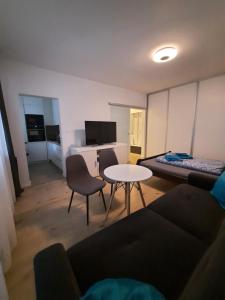 布拉迪斯拉发Apartment Klimka with balcony and free parking的客厅配有沙发、桌子和床。