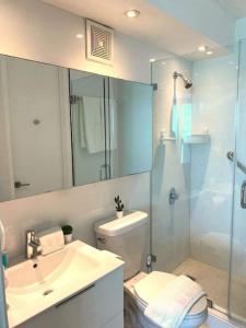 圣胡安KASA Terrace Studio Breathtaking Ocean Views的一间带水槽、卫生间和淋浴的浴室