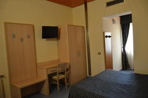 米兰尼萨酒店的一间卧室配有一张床、一张书桌和一台电视