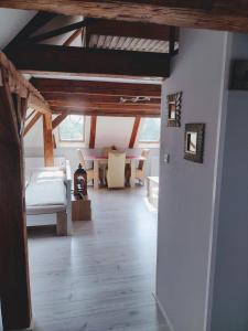 AlbrechticePension Novy Den的一间设有床铺的房间和一间带桌子的房间
