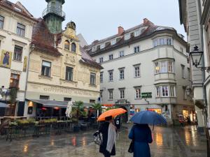 格拉茨Carillon by BestChoice - Old City - Self Check-in with PARKING option的两个人在雨中走在街上,拿着雨伞