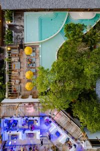 杰里科科拉Café Jeri Hotel的享有带游泳池和树木的度假村的顶部景致