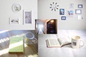 釜山Residence Mumum Hotel的两张桌子照片,一张书,两张咖啡杯