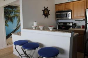 坦帕Fun-N-Sun with Spectacular Ocean Views的厨房配有4张位于柜台上的蓝色凳子