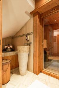 阿沃里亚兹Luxury Avoriaz Chalet with hot tub的带淋浴、卫生间和浴缸的浴室