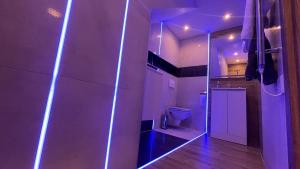 阿斯隆#1 TGHA Luxury Studio Apartment in Athlone的一间带卫生间和紫色灯的浴室