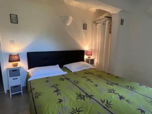 皮亚诺托利-卡尔达雷洛Chambres et tables d'hôtes Zélia & Jacques BERQUEZ的一间卧室配有一张带绿毯的床和两盏灯。