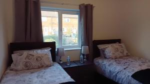 诺丁汉Cheerful 3 Bedroom Apartment的一间卧室设有两张靠窗的床。