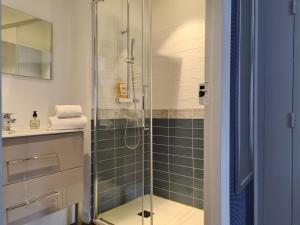 塞纳河畔诺让Le Relais de l'endormie的一间带玻璃淋浴间和水槽的浴室