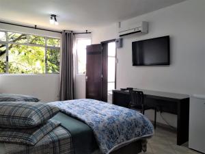 库里提巴Pousada Casa Verde - Curitiba的一间卧室配有一张床、一张书桌和一台电视