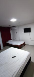 卡塔赫纳Posada Dakema的客房设有两张床和一台平面电视。
