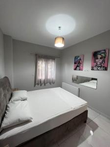 雅典Comfy big apartment in Athens的卧室配有一张白色大床