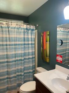 科纳The big house - 30 days的带淋浴帘和卫生间的浴室
