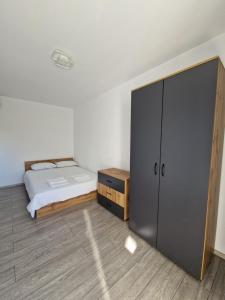 彼得罗沙尼Turquoise apartment的一间带床和橱柜的小卧室