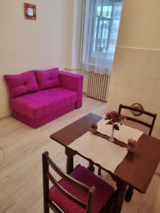 克鲁舍瓦茨Globus的客厅配有紫色沙发和桌子