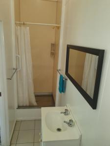 AmuriSunny Beach Lodge的浴室配有盥洗盆和带镜子的淋浴