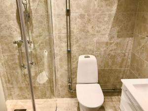 泰比Staylong Hotell的带淋浴、卫生间和盥洗盆的浴室