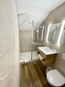 福龙河畔拉罗什阿弗瑞特酒店的带淋浴、卫生间和盥洗盆的浴室