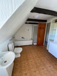 赫尔辛厄Dyrlundgaard tilbyder charmerende ferielejlighed.的一间带水槽、卫生间和楼梯的浴室