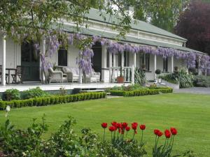 布伦海姆佩普特雷豪华住宿酒店的院子里有红色花的白色房子