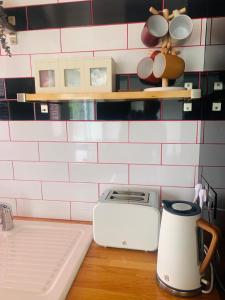 伦敦Beautiful Quality Apartment in Camden Town的厨房配有烤面包机和台面上的烤面包机