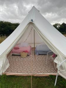 查尔顿Charlton End Bell Tent的田野上带床的白色帐篷