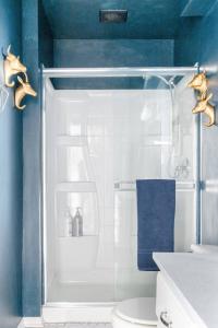 堪萨斯城Boutique Apartment in 1905 Victorian Home - Plaza - Westport的蓝色的浴室设有淋浴和卫生间