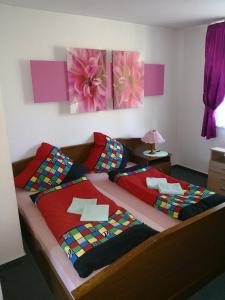 ŻegocinaNoclegi Hexe的一间卧室配有一张带色彩缤纷枕头的大床