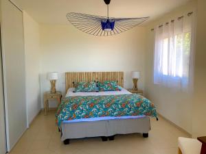 GranaceVilla U Tramontu的一间卧室配有一张大床和一个吊灯。