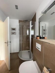 巴特哈尔茨堡Wolke 7 - a71034的带淋浴、卫生间和盥洗盆的浴室