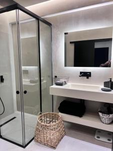 拉格尼西Lagonisi Luxury Apartment by the sea的带淋浴、盥洗盆和镜子的浴室