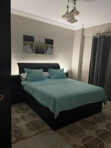 沙姆沙伊赫Two Bedroom at Sunny Lakes Resort的一间卧室配有一张带绿色棉被的床