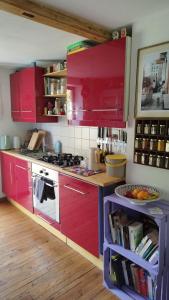 慕尼黑Atelier & Gardenhouse Glamping的一间带红色橱柜和炉灶的厨房