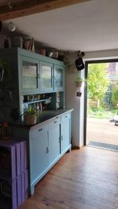 慕尼黑Atelier & Gardenhouse Glamping的厨房配有蓝色橱柜,门通往天井