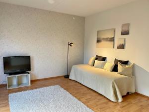 波尔沃Porvoon Kartanonpuisto的一间卧室配有一张床和一台平面电视