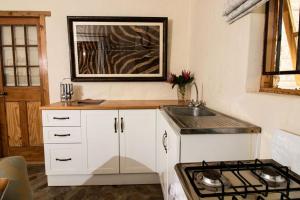 格拉夫-里内特Wild Olive Cottage的白色的厨房设有水槽和炉灶。