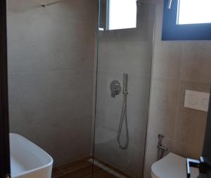 地拉那N'Peze Hotel的带淋浴、卫生间和盥洗盆的浴室