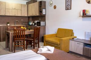韦林格勒Luxor Apartment的厨房以及带桌椅的起居室。