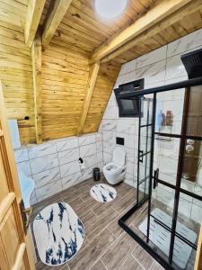 里泽Tenta bungalov的一间带卫生间和木制天花板的浴室