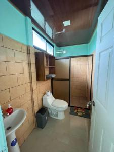 福尔图纳Encanto Arenal lodge的一间带卫生间和水槽的小浴室