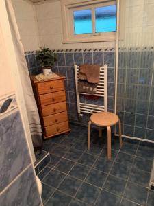 宁斯佩特Witte wieven bungalow 17的带淋浴、椅子和水槽的浴室
