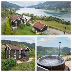 FavangStamp and sauna! Small farm with fantastic view!的三个不同的房子和湖泊图片