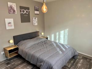 克莱蒙费朗F3 Centre- Ville Lafayette avec garage的一间卧室配有一张带2个床头柜和2盏灯的床。