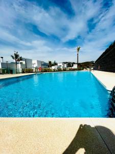 马贝拉Exclusive New Apartment within Santa Clara and Marbella Golf & Country Club的一座种植了棕榈树和房屋的大型蓝色游泳池