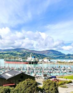  LytteltonSea views in luxury at LYTTELTON BOATIQUE HOUSE - 14 km from Christchurch的停靠在港口的一群船