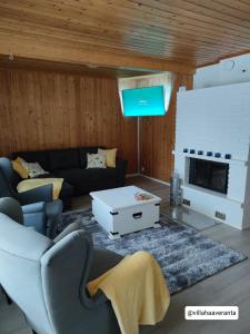 罗瓦涅米Villa Haaveranta - Cosy cabin by the lake的带沙发和电视的客厅