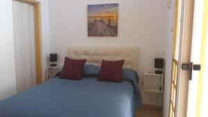 皮里亚波利斯Apartamentos del Este的一间卧室配有蓝色的床和两个红色枕头