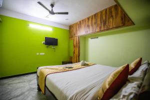 蓬蒂切里Sri Balaji Villas的一间卧室设有一张带绿色墙壁和天花板的床。