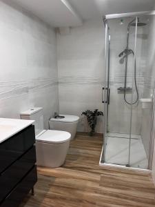 马德里Modern Apartment by the Airport IFEMA - 1 Bedroom的一间带卫生间和玻璃淋浴间的浴室