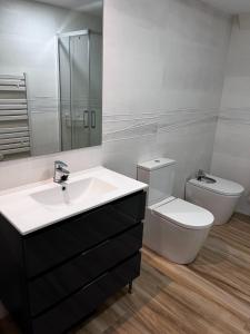 马德里Modern Apartment by the Airport IFEMA - 1 Bedroom的一间带水槽、卫生间和镜子的浴室
